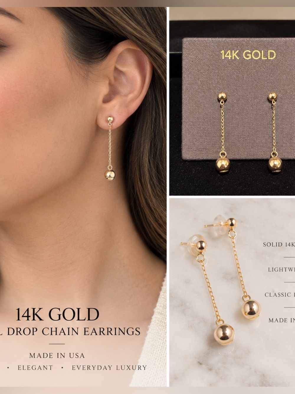 14K Gold Ball Drop Chain Earrings | Made in USA